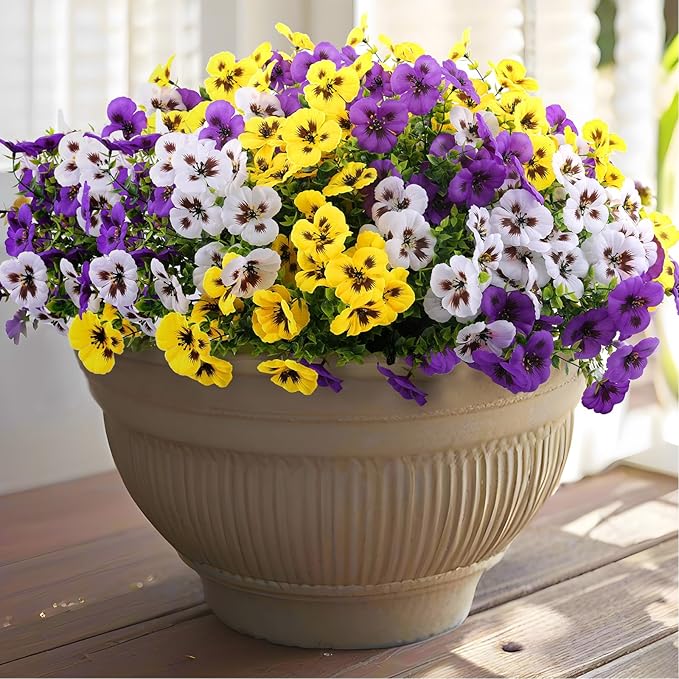 18 Bundles Artificial Fake Pansy Flowers for Outdoor, Faux UV Resistant Silk Pansies Flowers for Outside Planter Front Door Porch Yard Patio Window Box Home Decor (18, Purple, Yellow, White)-Ruum Studio Home