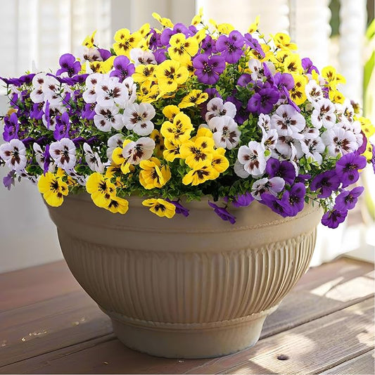Artificial Fake Pansy Flowers for Outdoor, 36 Bundles Faux Silk Pansies Spring Flowers for Outside for Planter Front Door Porch Yard Patio Window Box Home Decor (36, Purple, Yellow, White)-Ruum Studio Home