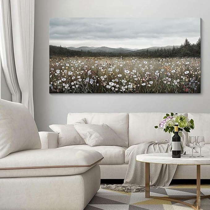 HGUAOA Vintage Landscape Wall Art for Bedroom and Living Room - Large Floral Artworks Farmhouse Wall Decor - Framed Neutral Nature Pictures - Above Bed Decor with Mountain Scenery 24×48IN-Ruum Studio Home