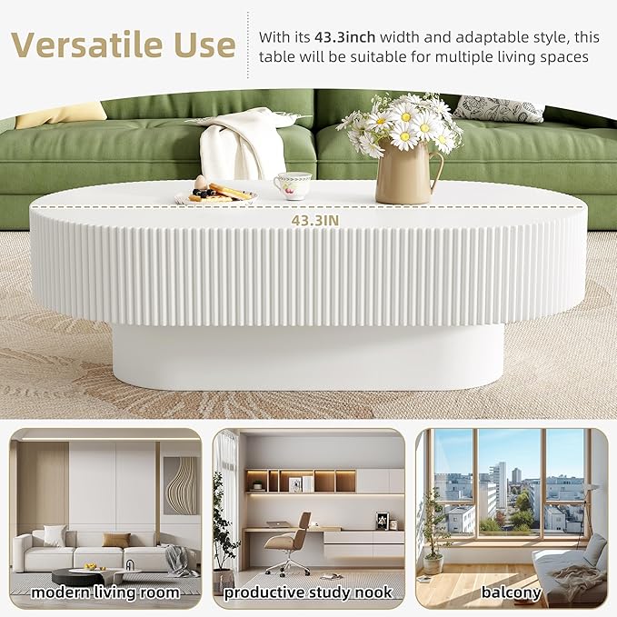 43.3" Oval Fluted Coffee Table Modern Elegant Drum End Table, Minimalist Center Table 7.8" Thick Tabletop with Sturdy Base for Living Room, Bedroom, Apartment,Easy Assembly, White-Ruum Studio Home