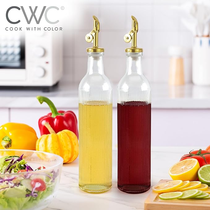 COOK WITH COLOR Glass Olive Oil Dispenser Bottle - 2 Pack, 17 oz Cruet - Elegant Carafe Decanter with Spout for Kitchen, Suitable for Vinegar, Coffee Syrups & Other Liquids-Ruum Studio Home