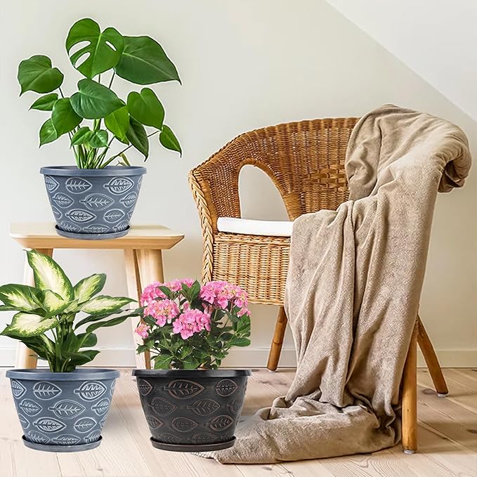 Outdoor Flower Pots for Plants Set of 3 Pack 11 Inch Planter Pot, Large Plastic Plant Pots Indoor Plants with Drainage Holes & Trays, Modern Decorative Garden Containers Sets for House(Blue)-Ruum Studio Home