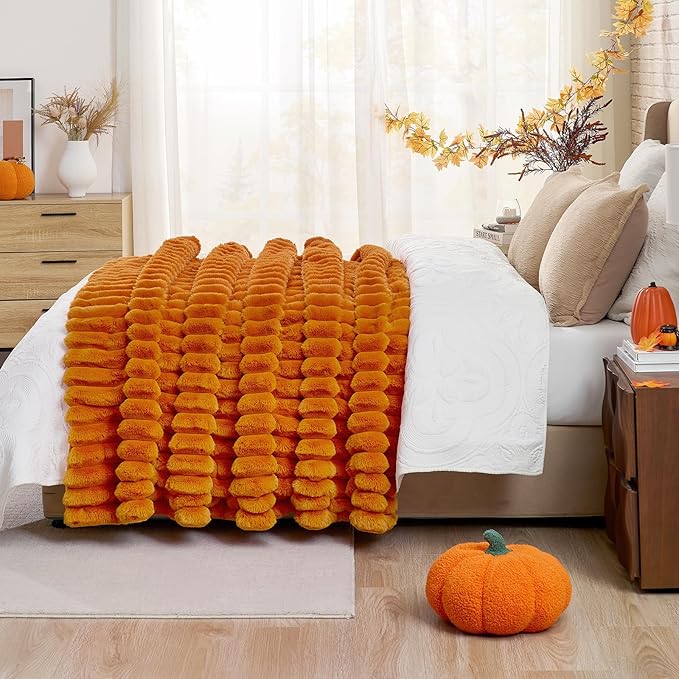 Cozy Bliss Fall Harvest Faux Fur Throw Blanket for Couch, Cozy Warm Plush Striped Blanket for for Decorating Couch Sofa Bedroom Living Room,50 * 60 Inches Burnt Orange-Ruum Studio Home