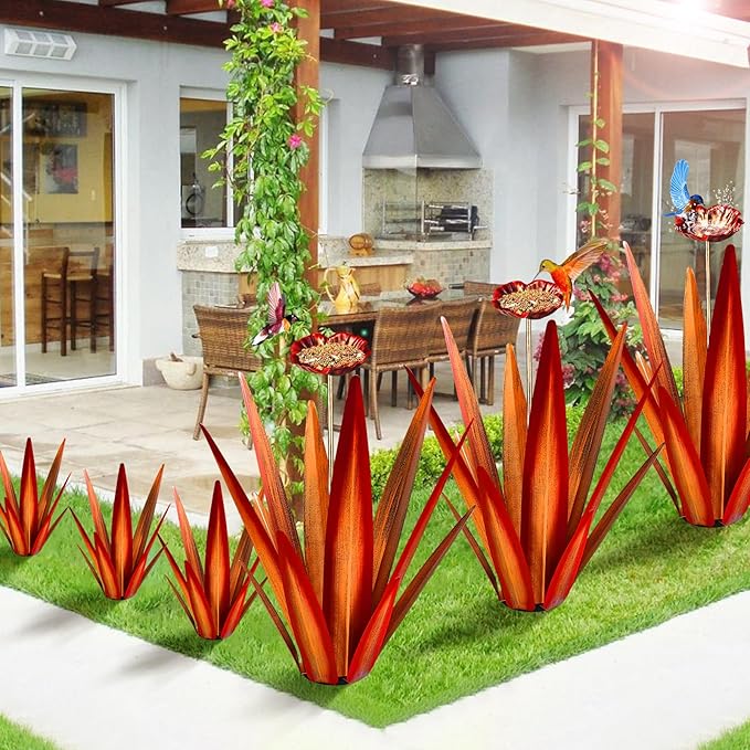 Large Tequila Rustic Sculpture, Rustic Metal Agave Plants for Outdoor Patio Yard, Home Decor Hand Painted Metal Agave Garden Yard Statue, Outdoor Lawn Ornaments (Red - L (W/Bird Feeder))-Ruum Studio Home