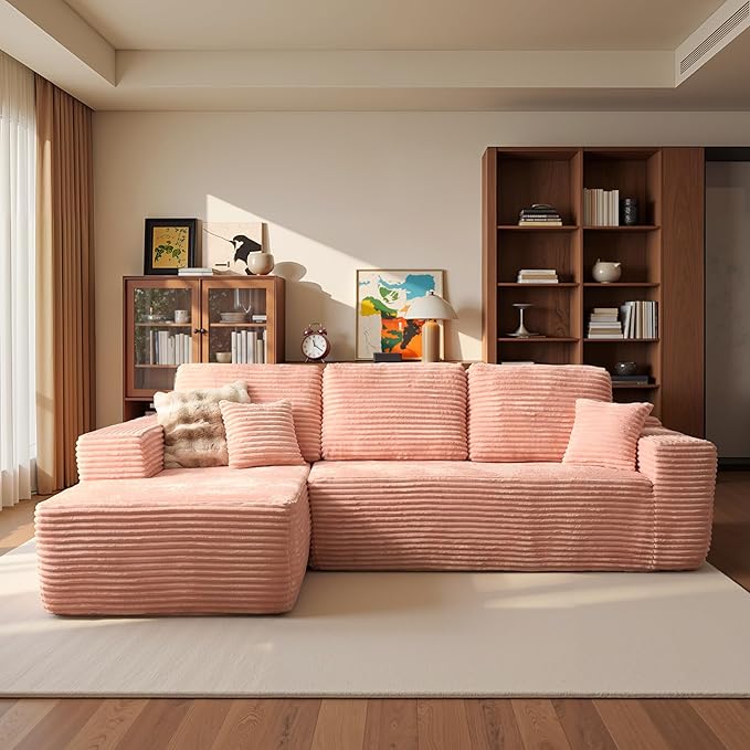 ovios 104" Cloud Sectional Couch with L-Shape Chaise,Modern Modular Sofa with Deep Seat, Upholstered Couches for Living Room Bedroom,No Assembly Required, Pink (Plush Corduroy Fabric)-Ruum Studio Home