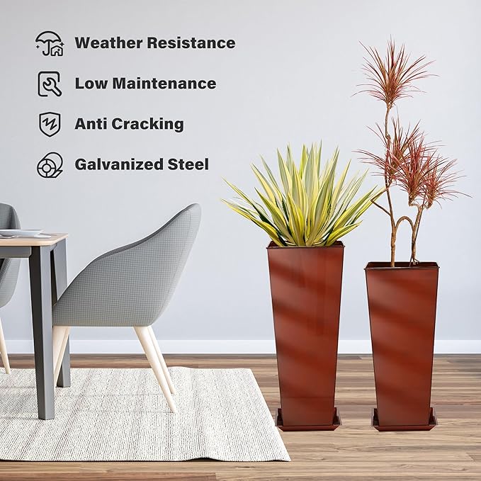 KOL 25'' & 28'' Tall Galvanized Steel Metal Glazed Planter with Insert, Set of 2, Metal Planter Pots for Indoor & Outdoor Use, Decorative Flower Plant Pots for Front Porch, Patio, Deck - Brown-Ruum Studio Home