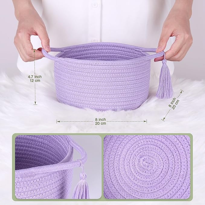 Small Purple Basket, Cute Woven Gift baskets with Cellophane Wrap set for Girl, Decorative Cotton Rope Container Bin, Little Makeup Brushes Holder for Bathroom Counter, Vanity, Cosmetics – lavender-Ruum Studio Home