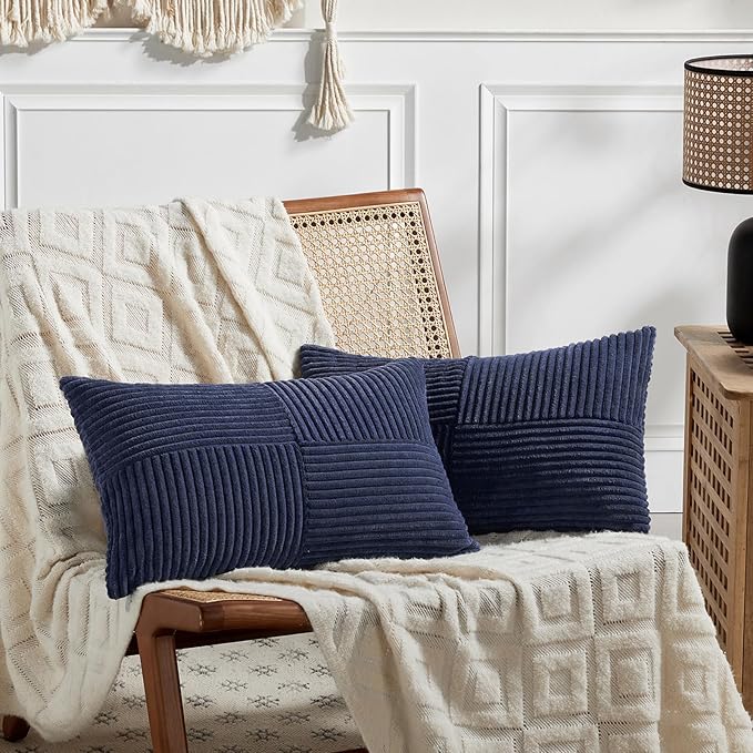 Fancy Homi 2 Packs Navy Blue Lumbar Decorative Throw Pillow Covers 16x32 Inch for Living Room Couch, Rustic Farmhouse Boho Home Decor, Soft Striped Corduroy Rectangle Accent Cushion Case 40x80 cm-Ruum Studio Home