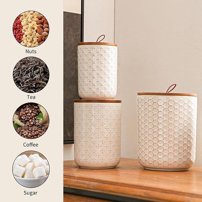 JOJUNO White Ceramic Canister Set with Wooden Lids – 3-Piece Airtight Food Storage Jars for Kitchen, Embossed Design, Small/Medium/Large Sizes (30/48/82 oz) – Flour, Sugar, Coffee, Tea Containers-Ruum Studio Home