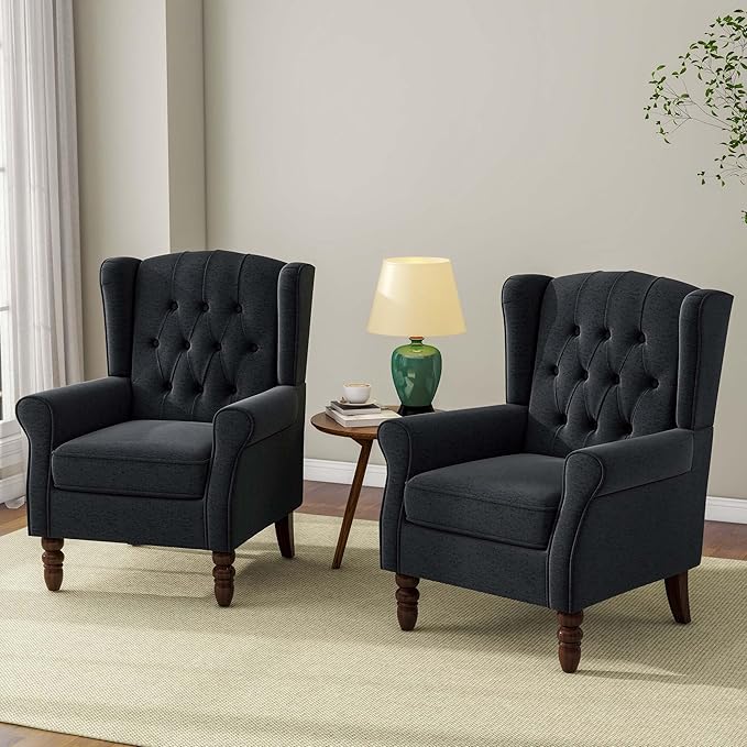Accent Chair, Upholstered Armchair with Button Tufted High Back & Solid Wood Legs, Comfy Wingback Reading Single Sofa Chair for Small Spaces, Living Room, Bedroom (Blue, Set of 2)-Ruum Studio Home