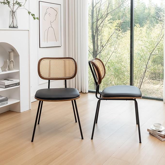 Rattan Dining Chairs Set of 2, Mid Century Modern Dining Chairs with Cane Back for Kitchen Dining Room, 19 Inch Faux Leather Black-Ruum Studio Home