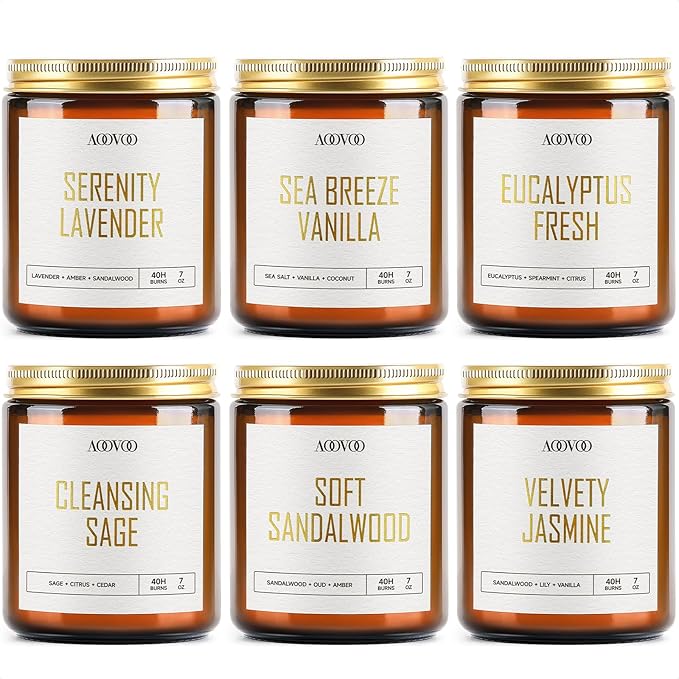 AOOVOO Candles Set - 6PC Scented Candles, Soy Candle, Aromatherapy Candle, Soy Wax Candle, Candle for Home Scented, Lavender/Vanilla/Eucalyptus/Sage/Jasmine/Sandalwood-Ruum Studio Home