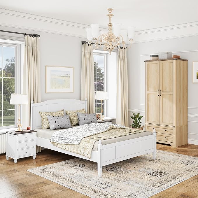 Brafab Wooden Armoire Wardrobe Closet with 2 Modern Doors, 71" Tall Freestanding Closet Wardrobe Cabinet with Drawers and Hanging Rail, Storage Cabinet with Shelve for Bedroom (Natural, 2 Doors)-Ruum Studio Home