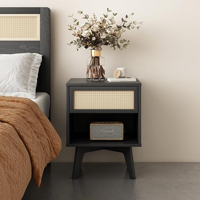 MUSEHOMEINC Nightstand, Boho Bedside Table with Rattan Drawer Open Shelf, Black Wooden Night Stand with Storage, Mid Century Modern End Table for Bedroom, Living Room,Dorm and Small Spaces-Ruum Studio Home
