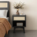 MUSEHOMEINC Nightstand, Boho Bedside Table with Rattan Drawer Open Shelf, Black Wooden Night Stand with Storage, Mid Century Modern End Table for Bedroom, Living Room,Dorm and Small Spaces-Ruum Studio Home