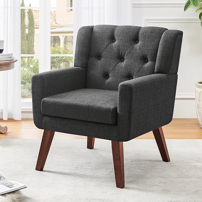 Accent Chair Button-Tufted Upholstered Living Room Chairs Comfy Reading Chair Mid Century Modern Chair with Linen Fabric Lounge Arm Chairs for Living Room Bedroom (Dark Grey)-Ruum Studio Home