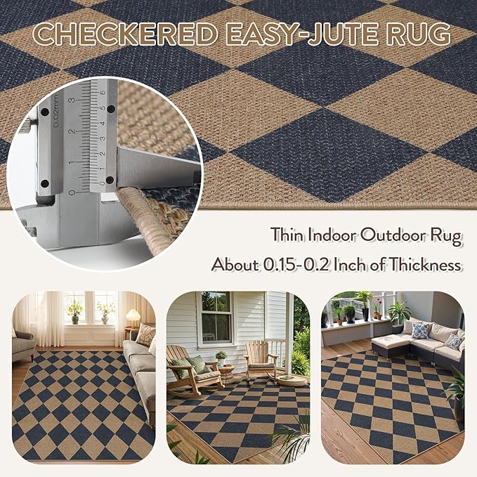 Lahome Checkered Easy Jute Washable Rug, 5x7 Area Rugs for Living Room Nature Large Dining Room Carpet, Farmhouse Geometric Non Slip Indoor Outdoor Carpet for Home Office Bedroom Backyard Patio-Ruum Studio Home