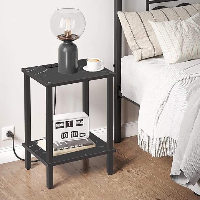 TUTOTAK End Table with Charging Station, Small Side Table, Nightstand Bedside Table, 2-Tier Storage Shelf for Small Space, Living Room, Bedroom, Marble Black TB01BMK040-Ruum Studio Home