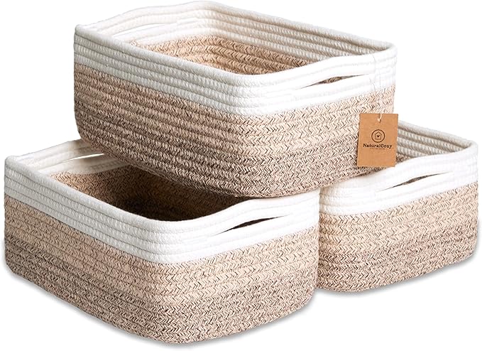 NaturalCozy 11.8"x8"x4.5” Storage Baskets for Shelves 3 Pack | Cotton Rope Woven Small Baskets for Organizing | Small Storage Bins for Nursery, Bathroom, Closet, Cube Shelf, Decorative, Gift Basket-Ruum Studio Home
