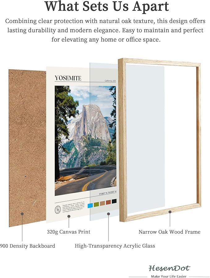 HesenDot Natural OAK Wood Yosemite National Park Framed Wall Art,12x16in Natural Scenery Canvas Wall Print,Classic Urban Landmark Wall Decor for Living Room,Bedroom,Office Gallery Gifts Set of 1-Ruum Studio Home