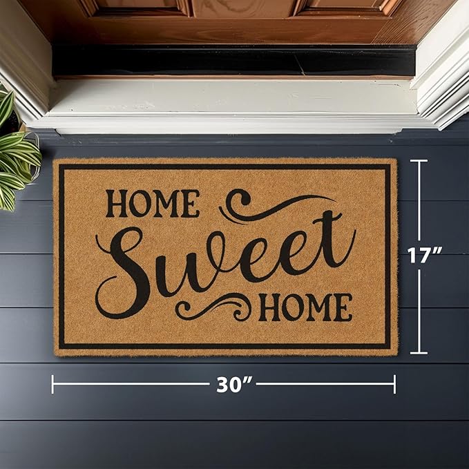 Barnyard Designs Natural Coco Coir Heavy Duty Backing Doormat - Large Cute Non-Slip Front Door Welcome Mat for Outside Entrance or Porch Entry, Brown (17x30, Home Sweet Home)-Ruum Studio Home