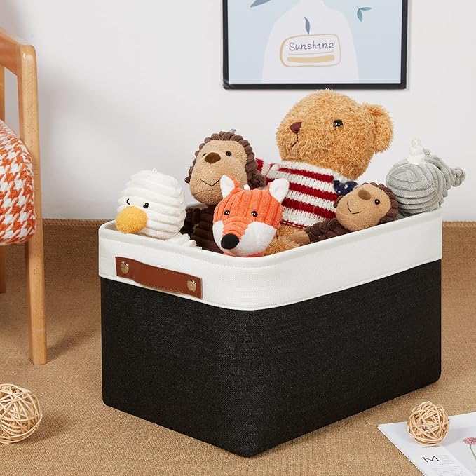DULLEMELO Canvas Storage Bin with Handles, Fabric Bins for Shelves, Bedroom, Office,Nursery,Fabric Storage Baskets for Toys, Clothes,Gift(3-Pack Medium-15 inch X 11 inch X 9.5 inch , White&Black)-Ruum Studio Home