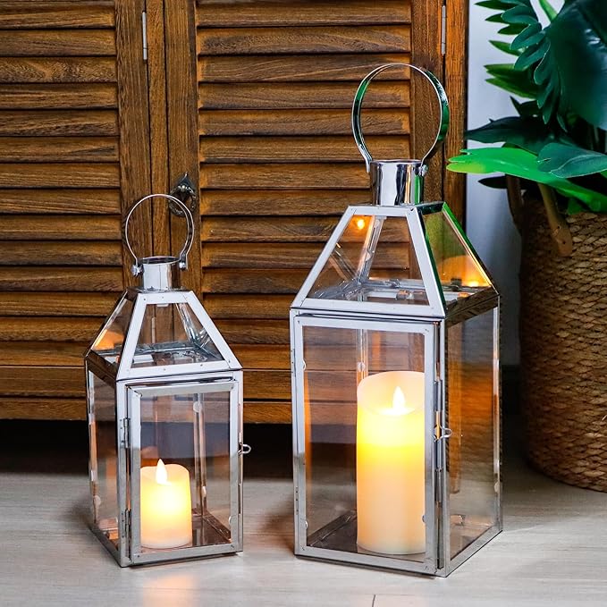 TRIROCKS Set of 2 Stainless Steel Decorative Lanterns 13"&10" H Metal Candle Holders with Tempered Glass for Home Decor Living Room Parties Events Tabletop Indoors Outdoors(Silver)-Ruum Studio Home