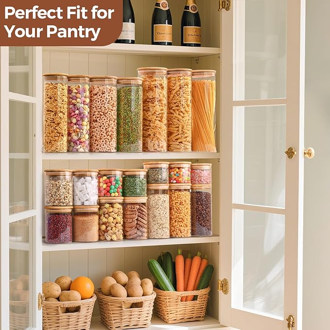 ComSaf Glass Food Storage Jars Set of 6, Clear Glass Storage Containers with Lids, Canisters Sets for the kitchen, Spaghetti, Pasta, Flour, Nuts, Oat, Coffee and Sugar Container, Pantry Organization-Ruum Studio Home