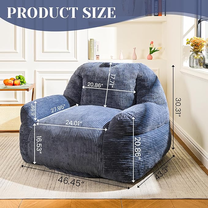 Giant Bean Bag Chair, Faux Fur Bean Bag Chair for Adults, Fluffy and Comfy Bean Bags with Filler, Big Bean Bag Sofa Chair for Reading, Gaming, Stuffed High-Density Foam, Grey-Ruum Studio Home