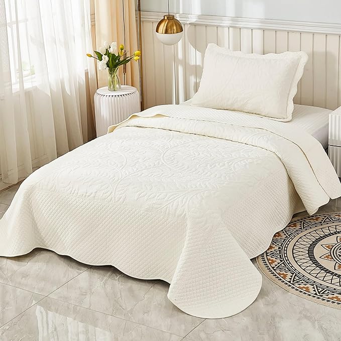 MarCielo 3-Piece 100% Cotton Oversized Bedspread Lightweight Quilt Coverlet Embroidery Farmhouse Bedding Set T0 (Bright White, Twin (68"x86"))-Ruum Studio Home