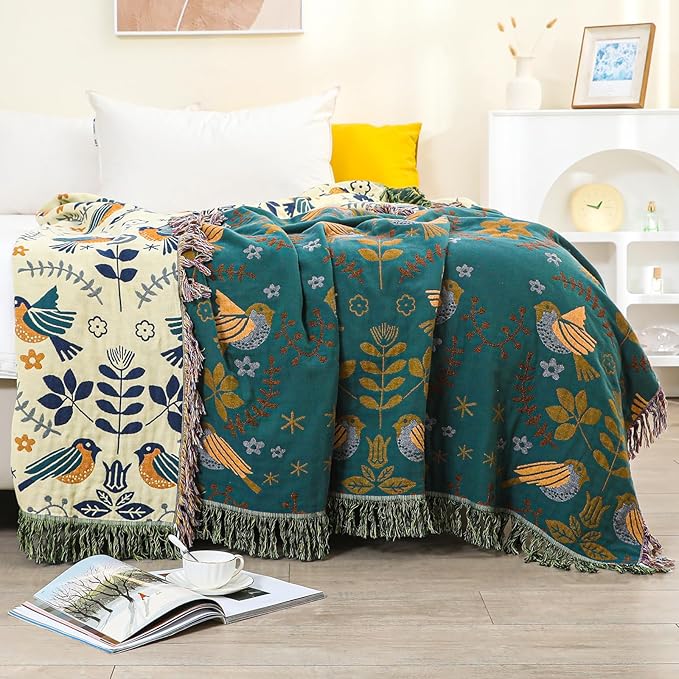 Boho Throw Blanket for Bed Couch 100% Cotton Woven Bed Throws for All Season Lightweight and Soft Cozy Farmhouse Reversible Muslin Decorative Blanket for Travel Picnic, Teal/Cream, 60''x80''-Ruum Studio Home