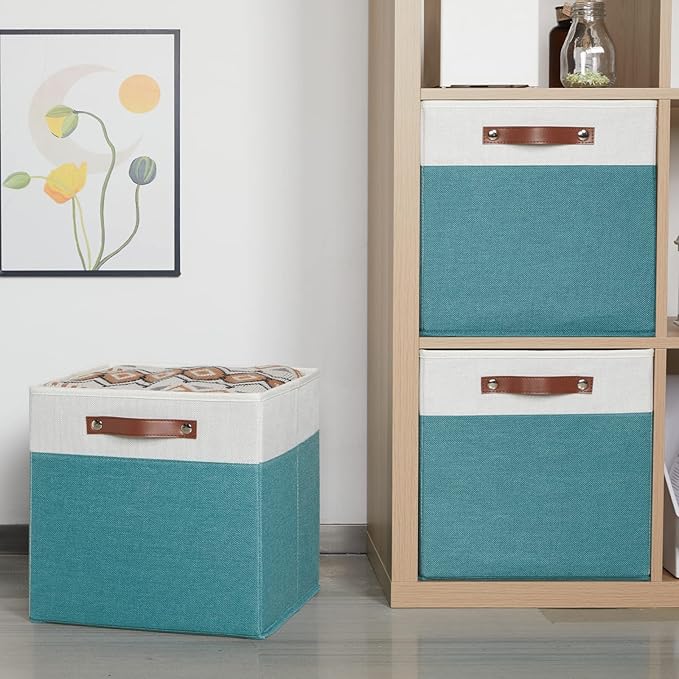 HNZIGE Fabric Storage Bins for Shelves 13x13 Storage Cubes Set Of 4 Foldable Storage Baskets with Handles for Organizing Cloth Closet Toy Nursery(Teal&White)-Ruum Studio Home