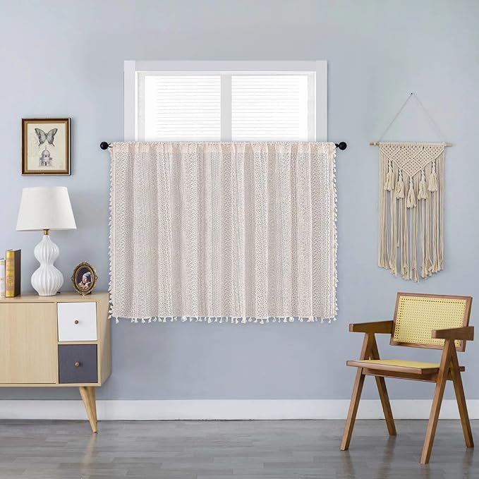 Sutuo Home Boho Sheer Curtain Valance Tier Crochet Lace with Bohemian Hollow Knitted Handmade Tassels, Short Farmhouse Window Treatment for Kitchen Cafe, Rod Pocket, 1 Panel 59" W x 36" L, Beige-Ruum Studio Home