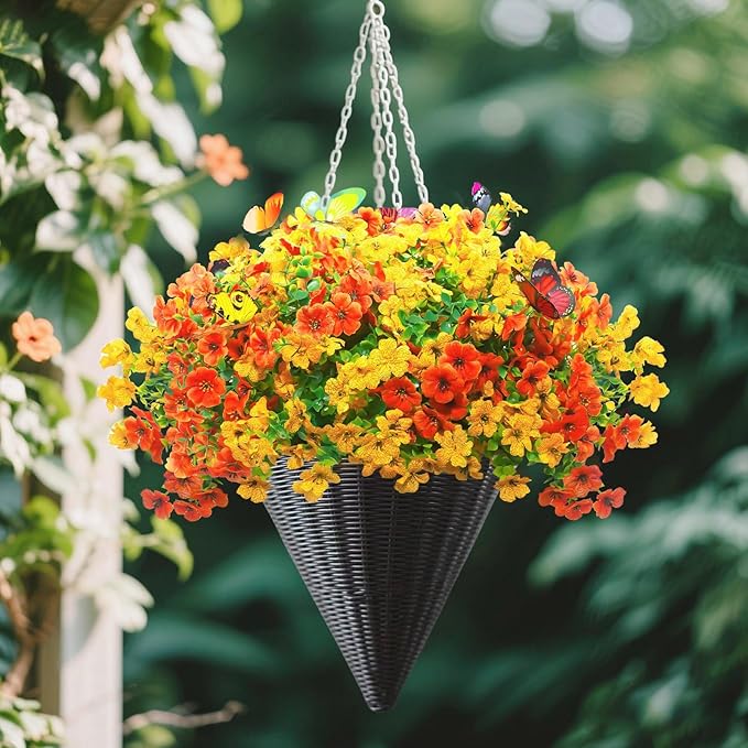 ‌20 Bundles Artificial Flowers for Outdoors‌ with 6 Faux Butterflies, UV Resistant ‌Fake Flowers‌ with Eucalyptus Leaves, ‌Artificial Plants Outdoor‌ for Patio Garden Porch Home Decor (Orange Yellow)-Ruum Studio Home