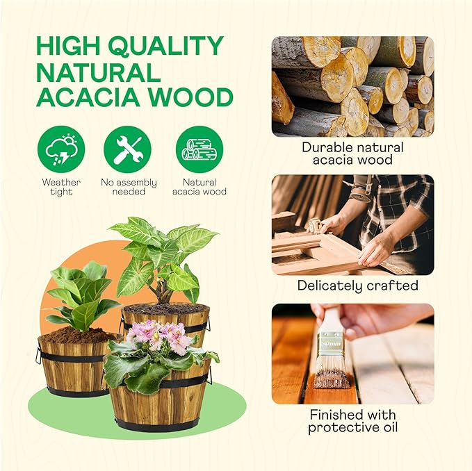 IDZO Set of 3 Wooden Flower Planters for Outdoor Plants, Acacia Wood Barrel Planters, Ergonomic Handles, Drainage Holes, Various Sizes, Golden Teak-Ruum Studio Home