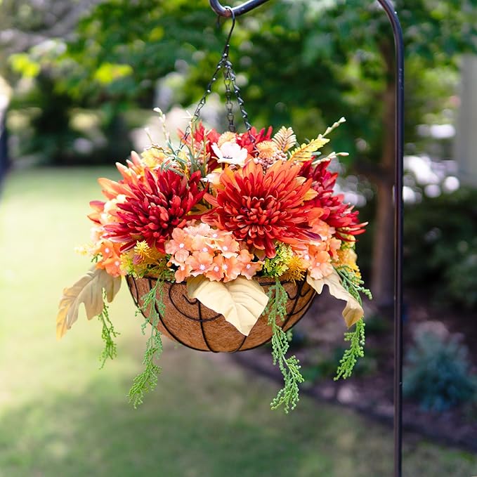 Artificial Fake Hanging Mums Flowers Plants Baskets for Outdoor Outside Decoration, Faux Silk Orange Flower Chrysanthemum UV Resistant Realistic for Porch Patio Balcony Yard Decor-Ruum Studio Home