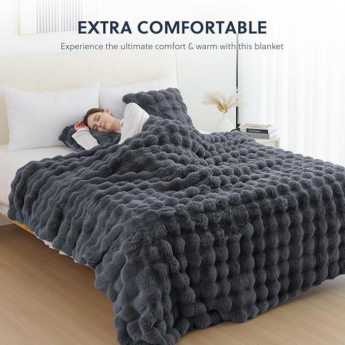 Cozy Faux Fur Throw Blanket for Couch Warm Fuzzy Throw Blanket, Soft Plush Thick Bubble Blankets for Bedroom and Living Room, Furry Luxury Blanket, 50 x 60, Grey-Ruum Studio Home