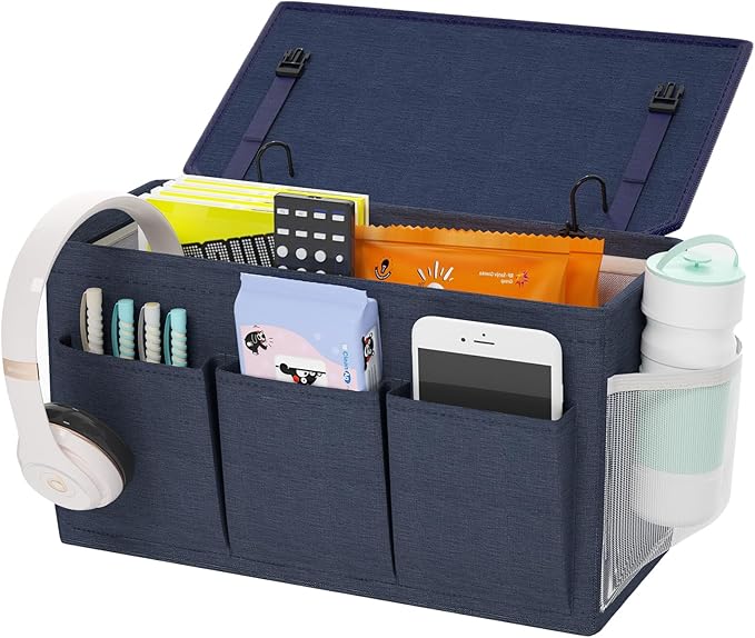 Dual-purpose Bedside Caddy Bedside Organizer, Bed Caddy with 6 Pockets, Versatile Bedside Storage Solution Magazine Remotes holder, ideal for Home, Dorm, Hospital, Crib Bed (Navy)-Ruum Studio Home