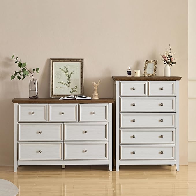 BLANKSPACE 7 Drawer Dresser, Modern Farmhouse Dresser Chest of Drawer for Bedroom, Chest of Drawers Storage Cabinet for Living Room, Entryway, Hallway, Antique White-Ruum Studio Home