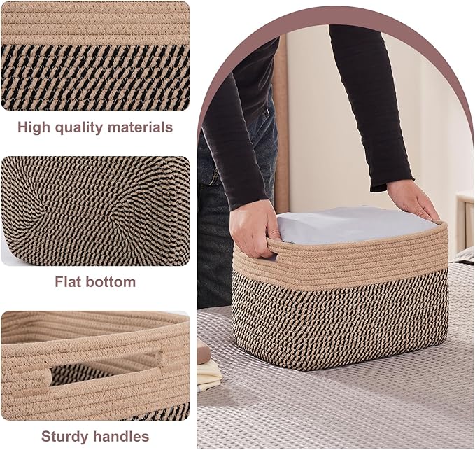 OIAHOMY 4 Pack Storage Baskets for Organizing, Basket for Shelves with Handle, Woven Baskets for Storage Toys, Towels, Books, Cotton Rope Basket 13" L x 9 " W x 7.8 " H, Brown & Black-Ruum Studio Home