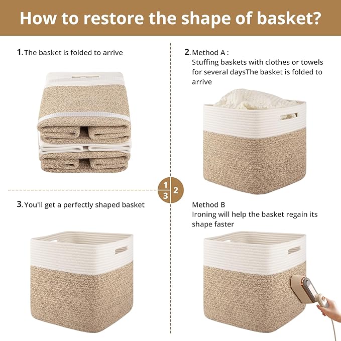 OIAHOMY 13 Kallax Inch Cube Storage Bins, 3-Pack Cotton Rope Woven Baskets for Organizing, Kallax Insert Storage Baskets for Shelves, Baby Nursery, Closet Organizer, 13*13*12.6IN, Brown & White-Ruum Studio Home