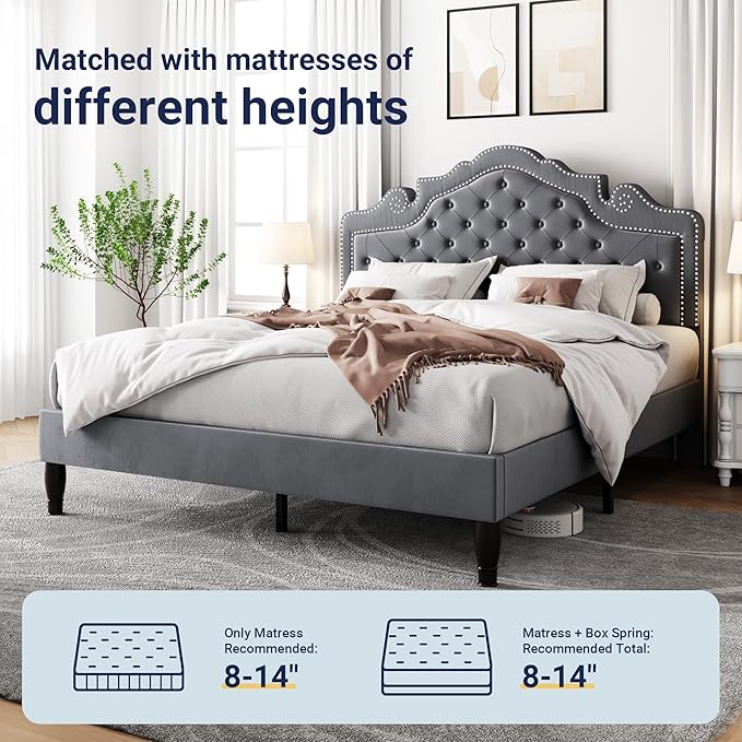 Allewie Full Size Bed Frame with Adjustable Velvet Tiara Headboard, Upholstered Diamond Button Tufted Platform Bed, Wood Slats Support, No Box Spring Needed, Light Grey-Ruum Studio Home