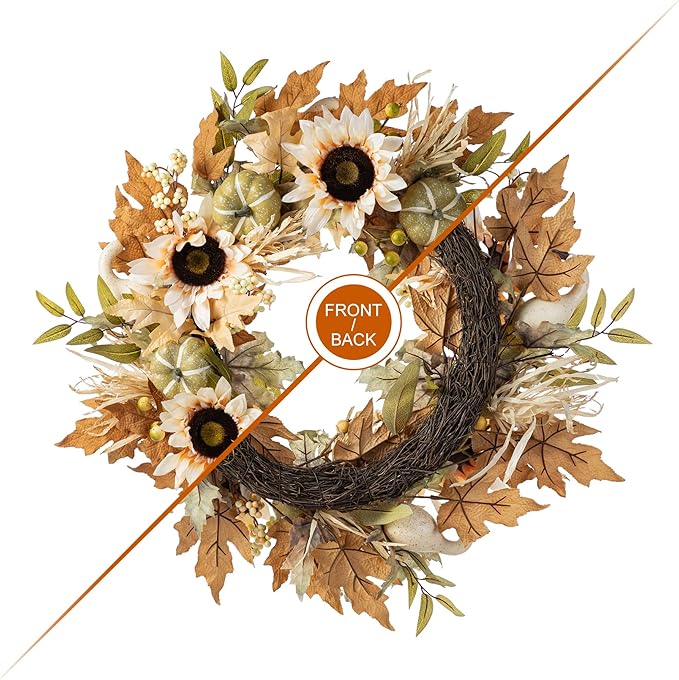 Glitzhome 24''D Artificial Fall Wreath for Front Door, Autumn Wreath with Sunflower, Pumpkin and Leaf, Metal Hanger for Farmhouse Indoor Outdoor Window Wall Door Decor-Ruum Studio Home