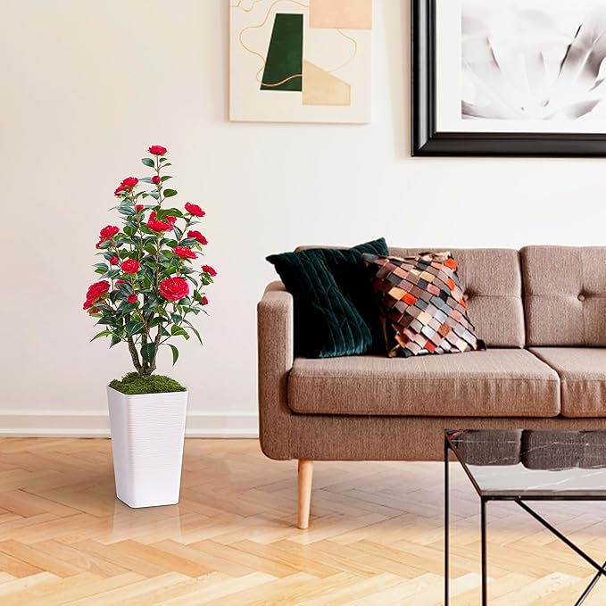 Artificial Camellia Tree 4FT Faux Trees Indoor Fake Floral Plant Blooming Tree with Red Flowers & White Tall Planter, Faux Camellia Plants for Porch Home Room Bedroom Office Front Door Outdoor Decor-Ruum Studio Home