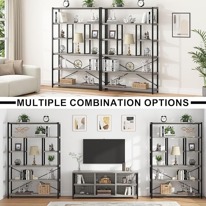 LVB Industrial 6 Tier Bookshelf, Large Tall Open Rustic Vintage Etagere Bookcase, Gray Big Wide Modern Farmhouse Wood and Metal Book Shelf for Home Bedroom Living Room Office Storage, Light Grey Oak-Ruum Studio Home