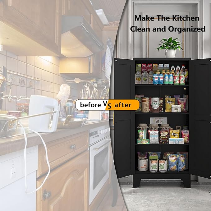 61" Balck Metal Kitchen Storage Cabinet, Kitchen Pantry Storage Cabinet with Doors and Shelves, Storage Cabinet with Adjustable Leveling Foot for Kitchen, Living Room and Dining Room-Ruum Studio Home