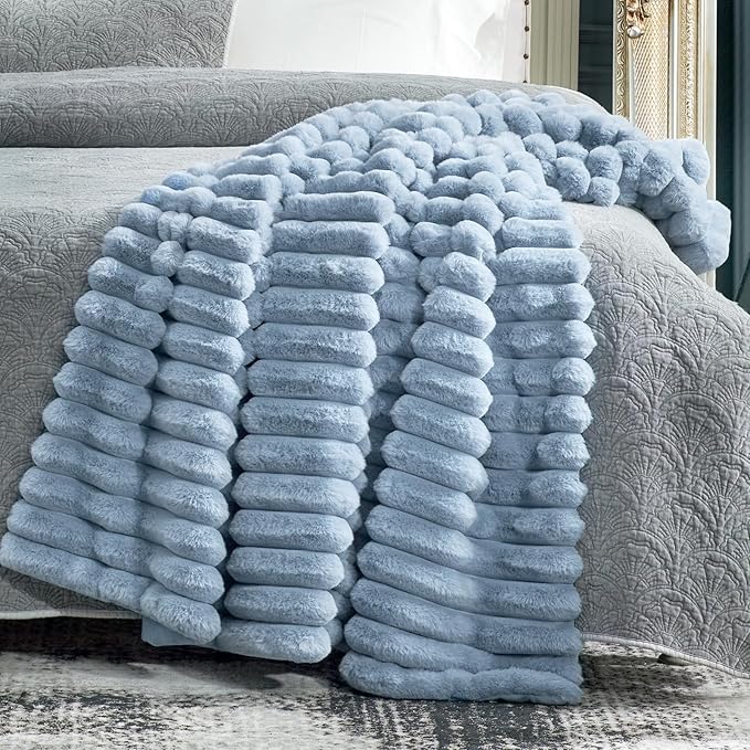 Cozy Bliss Faux Fur Throw Blanket for Couch, Cozy Warm Plush Striped Blanket for Sofa Bedroom Living Room,50 * 60 Inches Light Blue-Ruum Studio Home