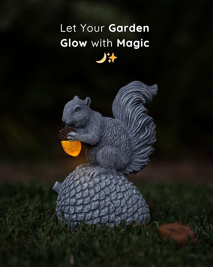 Solar Garden Statue – Hand-Painted Resin Squirrel on Pinecone with Glowing LED Acorn – Charming Yard, Patio & Balcony Decor – Gift for Mom, Grandma & Garden Lovers-Ruum Studio Home