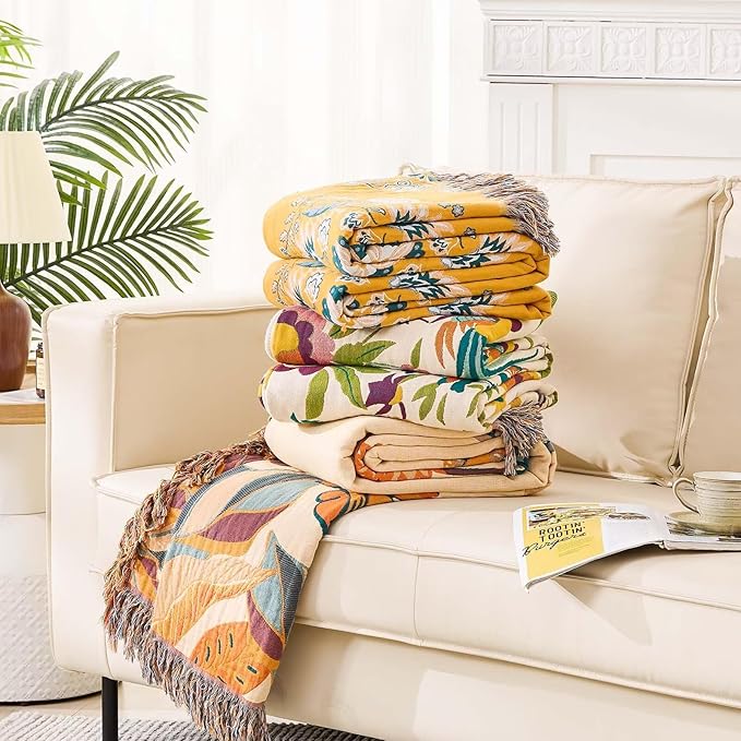 Boho Throw Blanket for Bed, 100% Cotton Soft Rustic Quilt Fall Blanket, 50"x60" Colorful Floral Printed Farmhouse Decor Bed Blankets, All Season Rustic Reversible Bohemian Throw Quilt-Ruum Studio Home