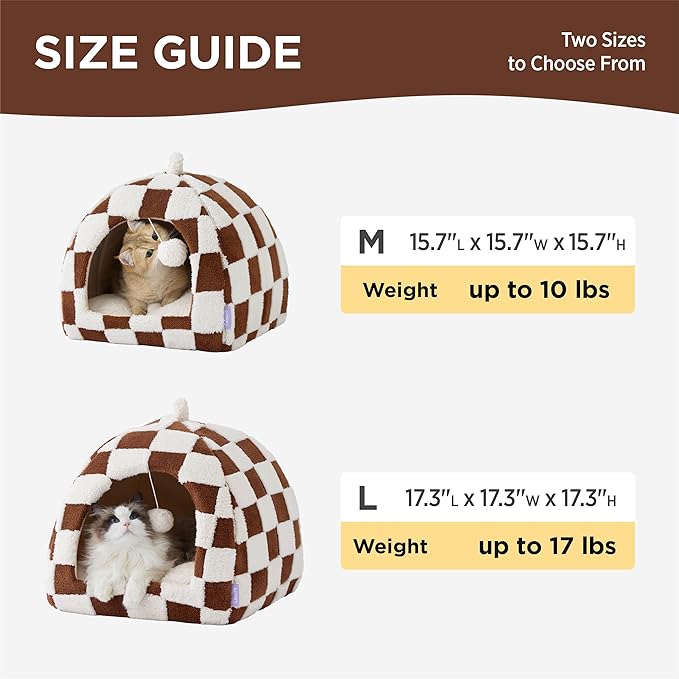 Lesure Cute Cat Beds for Indoor Cats - 2 in 1 Cat Cave Bed for Large Cats, House with Removable Washable Cushioned Pillow, Cozy Tent House with Non-Slip Bottom, Brown, 17.3 inches-Ruum Studio Home